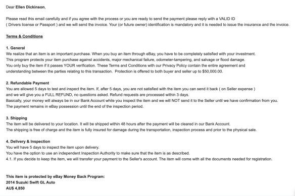 Information provided by the fake car seller to Ellen Dickinson.