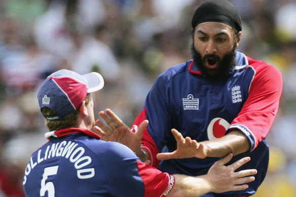 Monty Panesar celebrates the wicket of Ricky Ponting with Paul Collingwood a One Day International Series match between Australia and England in Melbourne in 2007.