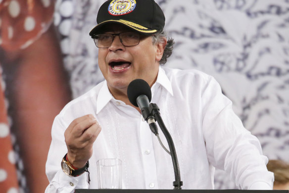 Colombia’s President, Gustavo Petro, delivers a speech during a regional meeting in Neiva, Colombia, on Saturday, July 29.