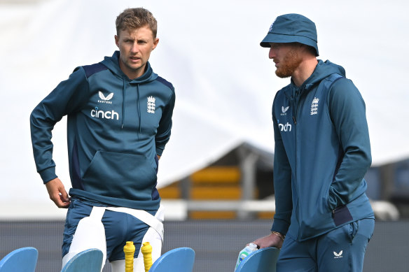 Joe Root speaking with captain Ben Stokes during England nets ahead of the third Test match at Headingley.