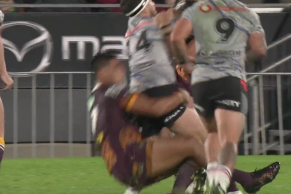 Brisbane forward Joe Ofahengaue was charged for a tackle similar to the hanger on Jazz Tevaga last year.