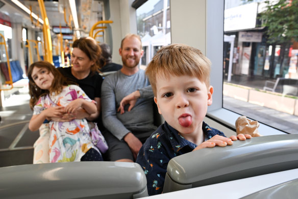 Beau, 3, Eliott, 6, and their parents, Jemma and Patrick took the journey on the first day of the service’s opening.