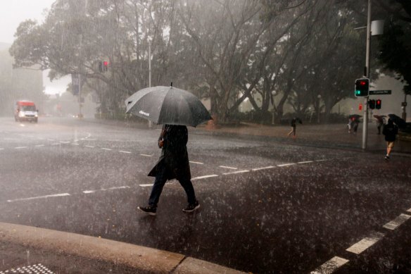 Heavy rain falls in the Sydney CBD on January 6.