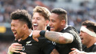 Ardie Savea of the All Blacks celebrates scoring a try with Beauden Barrett and Shannon Frizell of the All Blacks during the Bledisloe Cup match between the New Zealand All Blacks and the Australian Wallabies at Eden Park on October 18, 2020 in Auckland, New Zealand. 