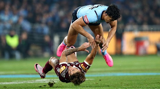 Joseph Suaalii was sent off for the high shot on Reece Walsh.