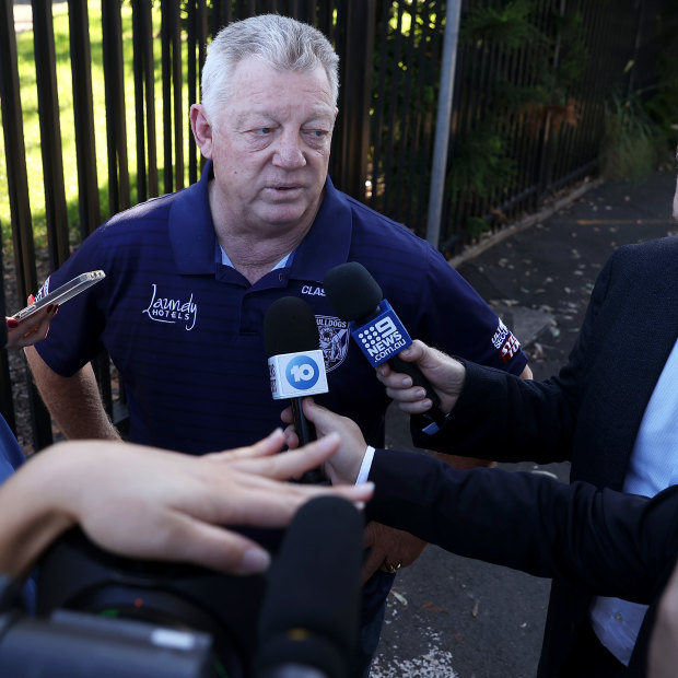 Phil Gould addresses the media last year after Trent Barrett’s departure.