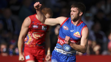 BALLARAT, AUSTRALIA - MAY 21: Bailey Williams of the Bulldogs celebrates a goal during the round 10 AFL match between the Western Bulldogs and the Gold Coast Suns at Mars Stadium on May 21, 2022 in Ballarat, Australia. (Photo by Martin Keep/Getty Images)