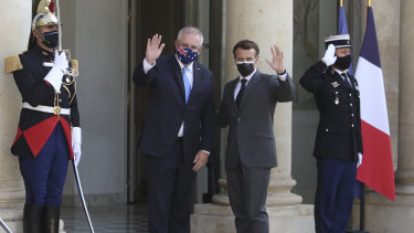 French President Emmanuel Macron and Australian Prime Minister Scott Morrison ahead of a working dinner in Paris.