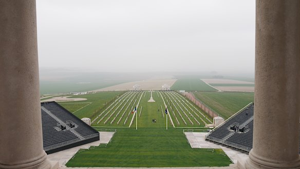 The Villers-Bretonneux war cemetry seen from the Sir John Monash Centre memorial tower.