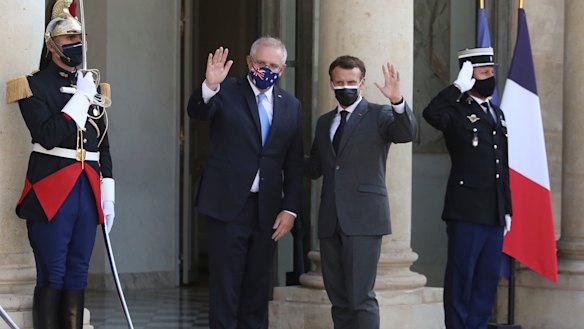 French President Emmanuel Macron and Australian Prime Minister Scott Morrison ahead of a working dinner in Paris.