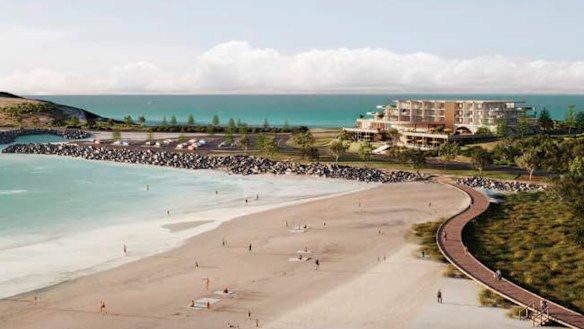An artist’s impression of a boardwalk and “regional tourist destination” with accommodation and cafes envisioned for the Coffs Harbour jetty foreshore.
