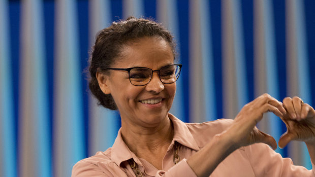 Marina Silva, presidential candidate of the Sustainability Network Party, gestures to the audience before a live, televised presidential debate last week.