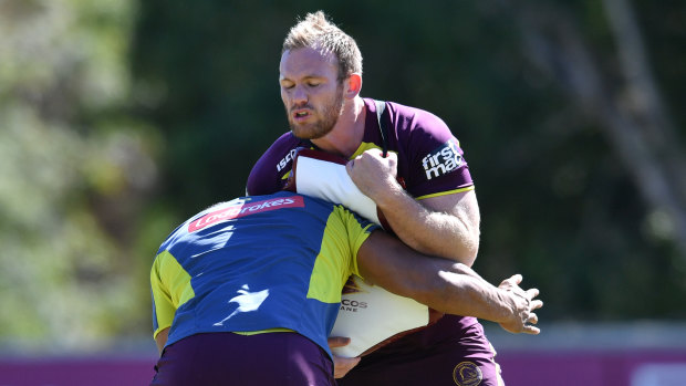 Prepared: Matt Lodge (right) training session ahead of the clash against the Roosters.