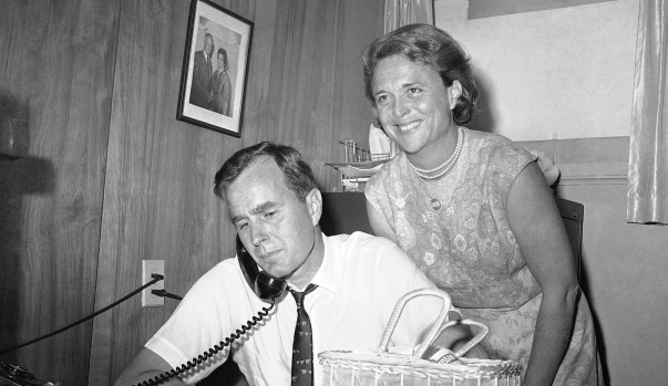 A June 6, 1964 photo of George H. W. Bush, candidate for the Republican nomination for the US Senate, and his wife, Barbara.