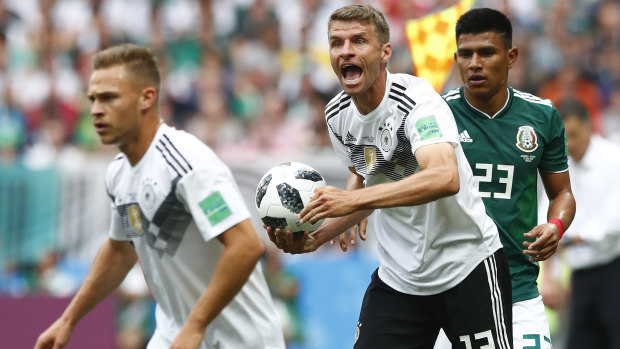 Germany's Thomas Mueller gets angry during the loss to Mexico.