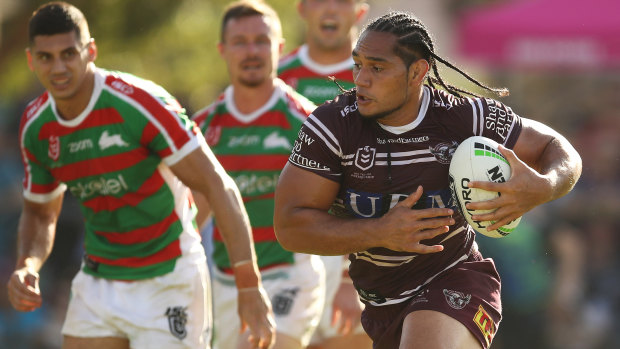 No stopping him: Martin Taupau was  again inspirational for the Sea Eagles, running for over 200 metres.