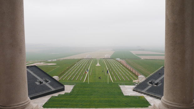 The Villers-Bretonneux war cemetry seen from the Sir John Monash Centre memorial tower.