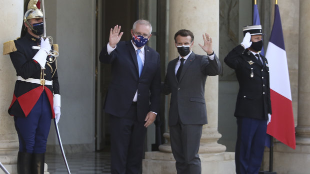 French President Emmanuel Macron and Australian Prime Minister Scott Morrison ahead of a working dinner in Paris.