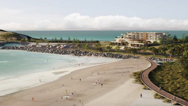 An artist’s impression of a boardwalk and “regional tourist destination” with accommodation and cafes envisioned for the Coffs Harbour jetty foreshore.