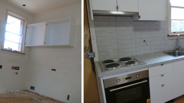 Before and after photos of a kitchen in one of the four houses.