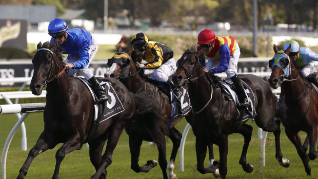 Turn of speed: Kementari pulls away from Pierata and Trapeze Artist to win the Randwick Guineas last year.