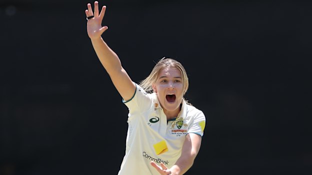Australian bowler Annabel Sutherland celebrates after claiming the wicket of Tazmin Brits.