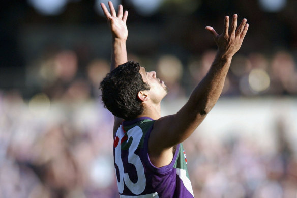 Jeff Farmer of the Dockers celebrates  after kicking the winning goal against the Crows.