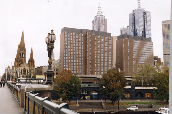 The Gas and Fuel towers over the railway, pictured in 1994. They were knocked down to make way for Federation Square.