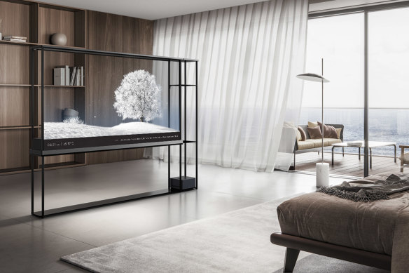 LG’s Signature OLED T is transparent until an internal curtain is pulled up to make it black.