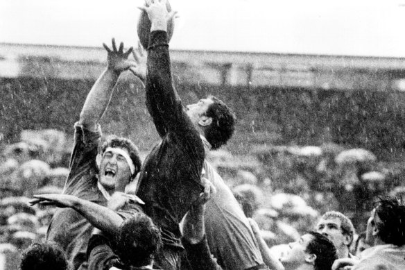 Andy Haden gathers the ball for the All Blacks in a line out against NSW on Saturday, June 18, 1980.