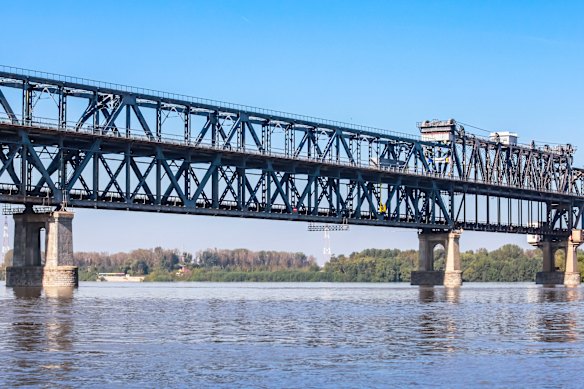 The Danube Bridge, or Friendship Bridge, crosses a broad stretch of the Danube River. 