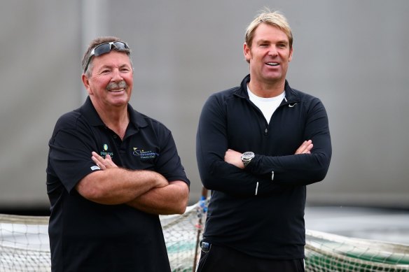 Rod Marsh, left, with Shane Warne, right, at Old Trafford in 2013. 