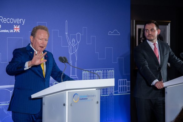 Andrew Forrest (left) and Oleksandr Gryban, Ukraine’s deputy economy minister appear at a news conference at the Ukraine Recovery Conference in London on June 21, 2023.