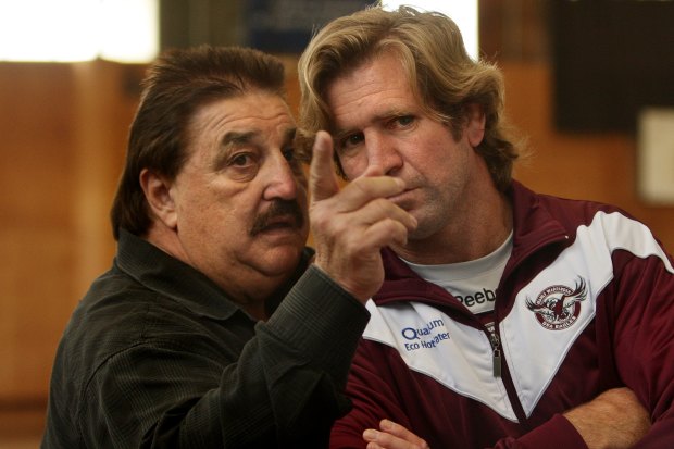 Prodigal son: Des Hasler, right, with Manly official Peter Peters before his exit from the club.