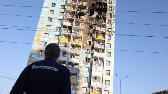 This photo by Moscow Region Governor Andrei Vorobyev’s official Telegram channel shows the site of the damaged multistorey residential building following a Ukrainian drone attack in Ramenskoye, outside Moscow.