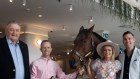 Left to right: Arthur Laundy, owner of Laundy Hotels, Melbourne Cup winning jockey Kerrin McEvoy, Sky Racing presenter Kiersten Duke, TAB’s Brenden Varcoe 