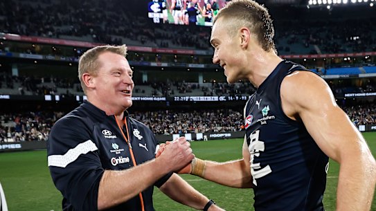 Blues coach Michael Voss with his skipper Patrick Cripps after last Friday’s win over Collingwood.
