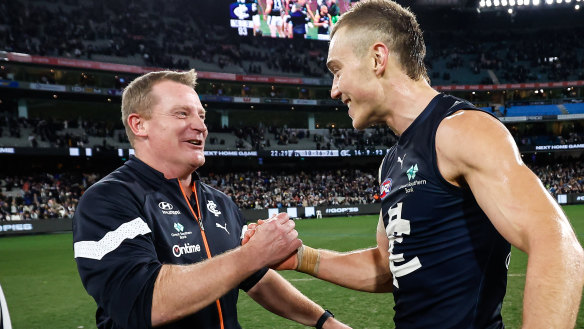 Blues coach Michael Voss with his skipper Patrick Cripps after last Friday’s win over Collingwood.