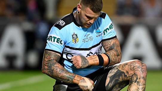 Josh Dugan using a Fortnite move after scoring a try in 2018. 