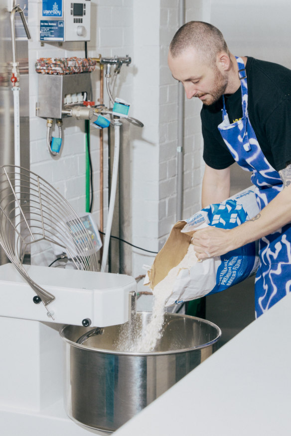 Jack Muir-Rigby preparing the dough at the Fitzroy bagelry.