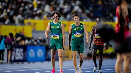 Calab Law [left] with Jacob Despard after helping Australia’s relay team qualify for the Paris Olympics.