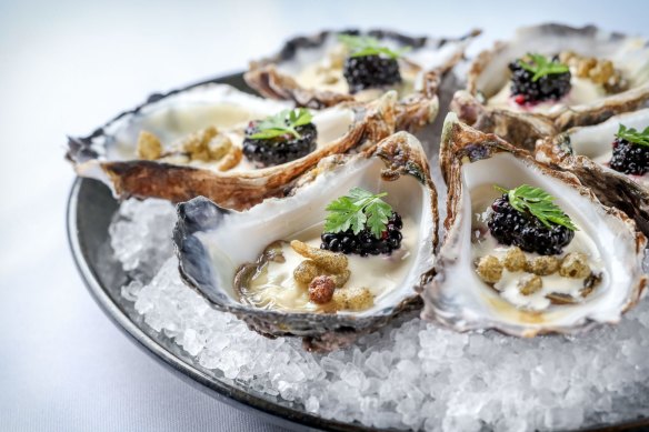 Oysters with white miso and shiitake pearls. 
