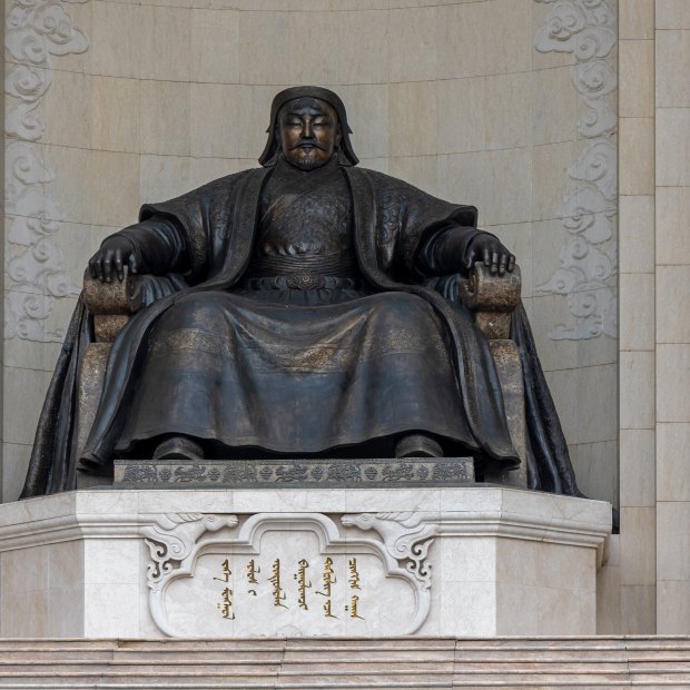 A bronze statue of  Genghis Khan at the Government Palace, Mongolia.