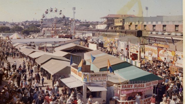 The Ekka, late 1950s. The Howard and Pink family position for dagwood dogs and fairy floss in sideshow alley is one the family occupies to this day. 