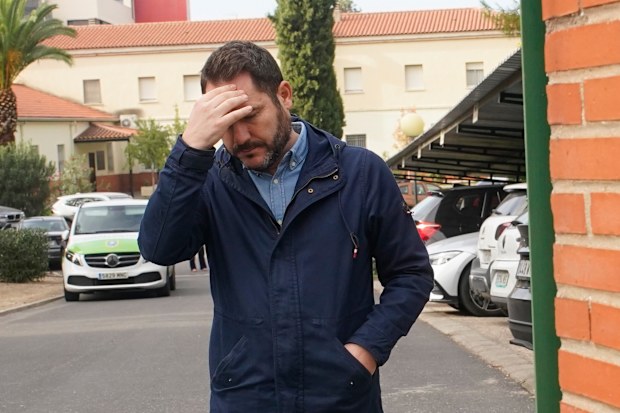 Spanish actor Cesar Vicente, who is searching for his father, who was traveling on one of the trains involved in a collision, leaves a religious residence converted into a temporary medical facility in Toledo, Spain