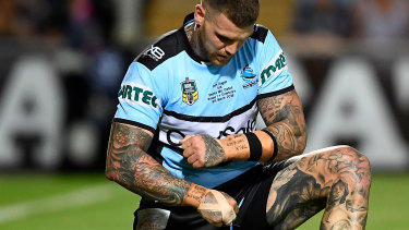 Josh Dugan using a Fortnite move after scoring a try in 2018. 