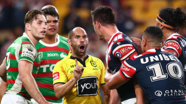 Roosters centre Joseph Manu confronts South Sydney’s Latrell Mitchell after the hit that broke his cheekbone in 2021.