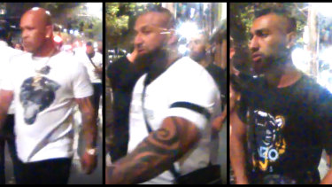 Screenshots of world president of the Finks bikie gang Kosh Radford (left) and his younger brothers Jamshed Rashidi (centre) and Ahmad Rashidi (right) outside Melbourne strip club Centrefold Lounge in March 2019.