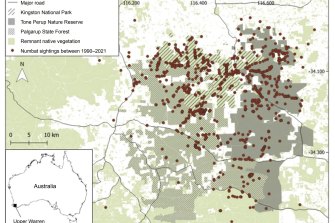 A map of numbat sightings in the Upper Warren from 1990 to 2021.