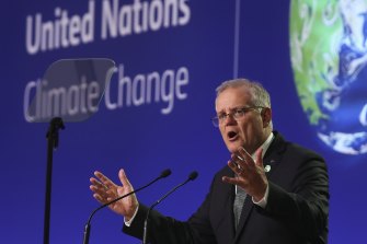 Prime Minister Scott Morrison delivers Australia’s statement to the 2021 United Nations Climate Change Conference (COP26) in Glasgow on Monday.